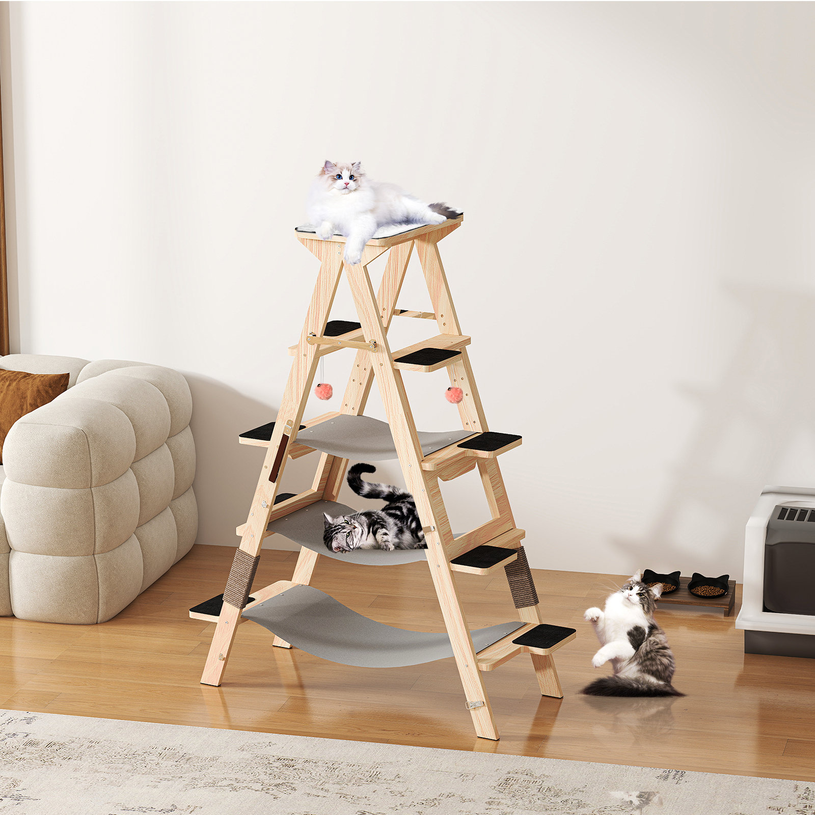 Archie Oscar Multi Level Large Cat Tree Tower with Foldable Ladder for Indoor Cats Cozy Plush Perches Cat Condo Sisal Scratching PostsHammock and